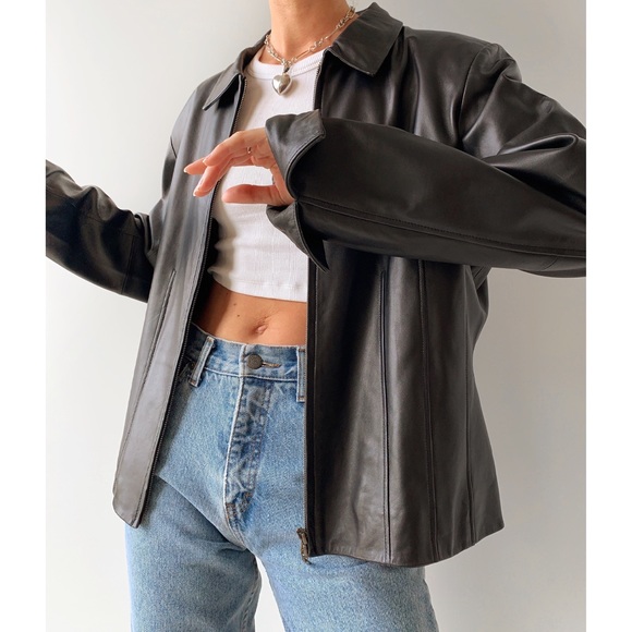 Vintage 90s y2k black leather zip up bomber jacket - Picture 2 of 8